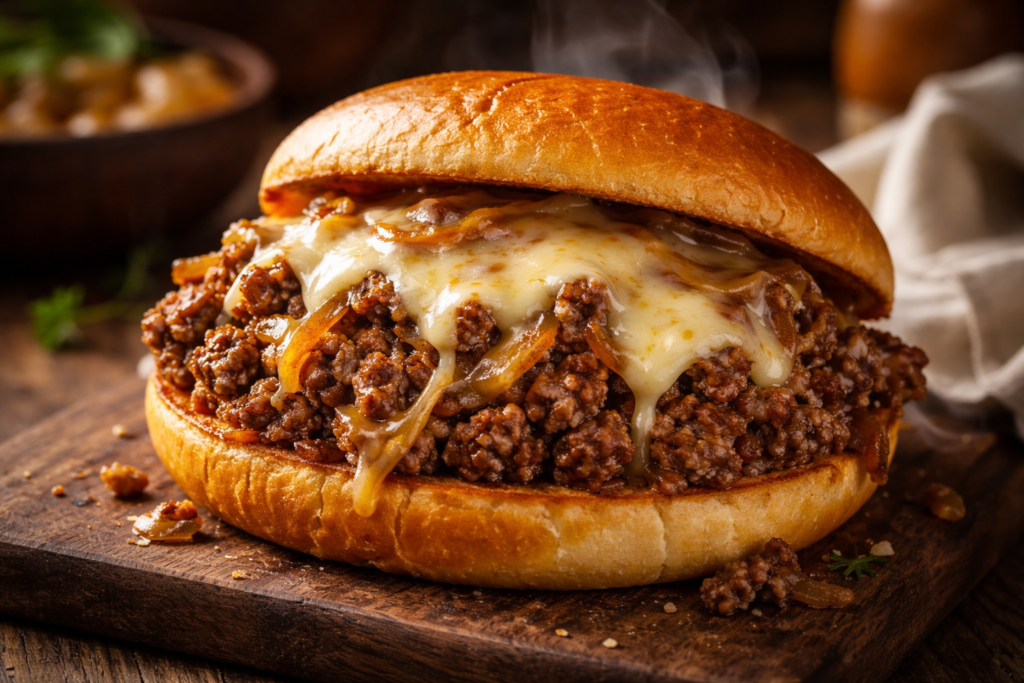 Cheesy French Onion Sloppy Joe Recipe on Toasted Bun french onion sloppy joe recipe