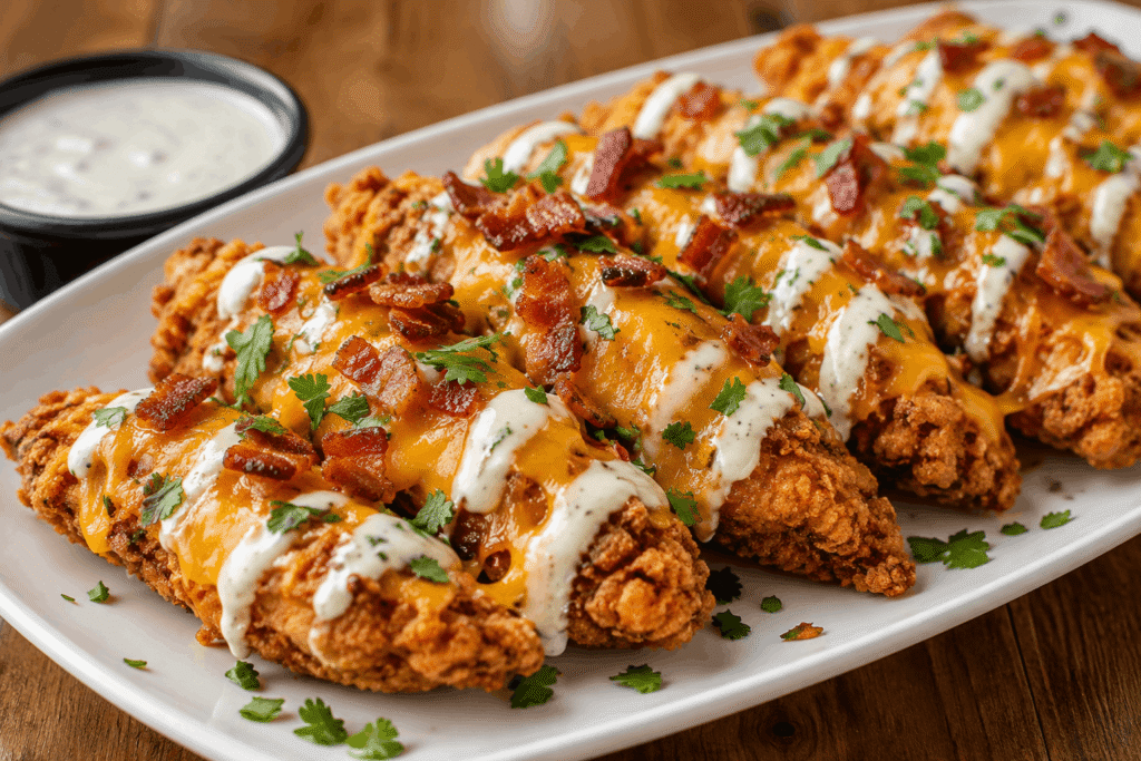 crispy halal crack chicken tenders topped with melted cheese and creamy ranch sauce on a white plate