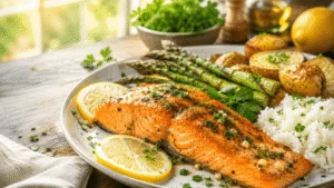 Home juicy oven baked halal salmon recipe served with roasted vegetables, rice, fresh parsley, and lemon slices on a rustic wooden table.
