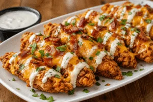 Home crispy halal crack chicken tenders topped with melted cheese and creamy ranch sauce on a white plate